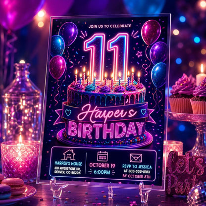 Neon Blue 11th Birthday Invitation, Glow Party Canva Template, Glow Party for Girls, Editable Printable Birthday Party Invite, Canva __etsy:8060759805