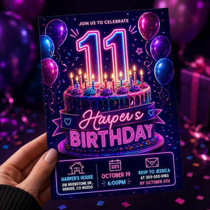 Neon Blue 11th Birthday Invitation, Glow Party Canva Template, Glow Party for Girls, Editable Printable Birthday Party Invite, Canva __etsy:8012850274