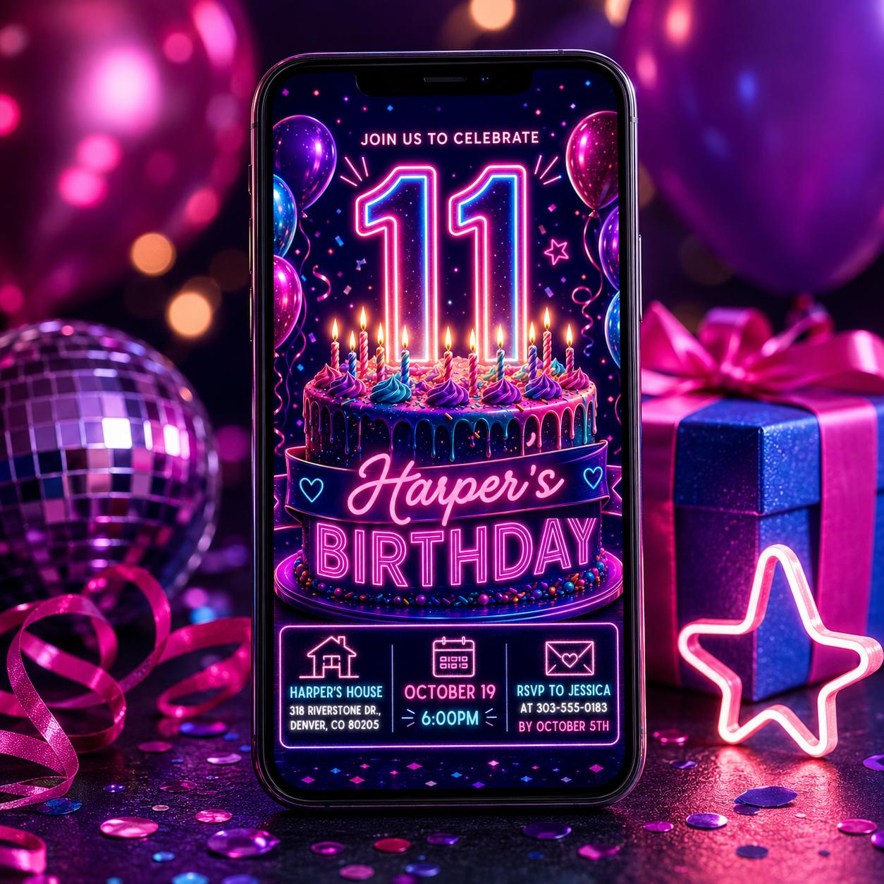 Neon Blue 11th Birthday Invitation, Glow Party Canva Template, Glow Party for Girls, Editable Printable Birthday Party Invite, Canva __etsy:8060760639