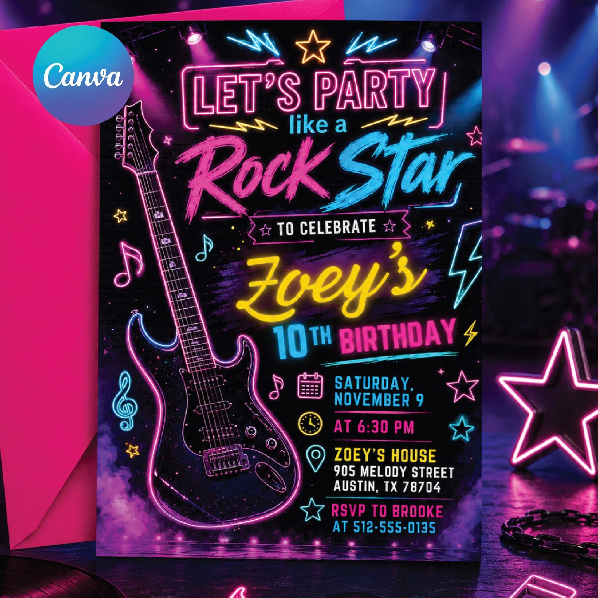 Neon Glow Rock Star Birthday Invitation, Editable Pink Rock And Roll Party Template, Tween Girl Punk Rock Band Music Birthday Invite, Canva __etsy:8012857566