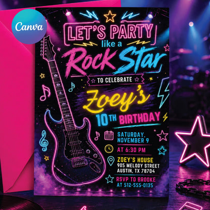 Neon Glow Rock Star Birthday Invitation, Editable Pink Rock And Roll Party Template, Tween Girl Punk Rock Band Music Birthday Invite, Canva __etsy:8012857566