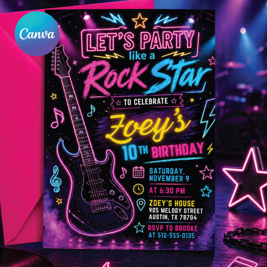 Neon Glow Rock Star Birthday Invitation, Editable Pink Rock And Roll Party Template, Tween Girl Punk Rock Band Music Birthday Invite, Canva __etsy:8012857566