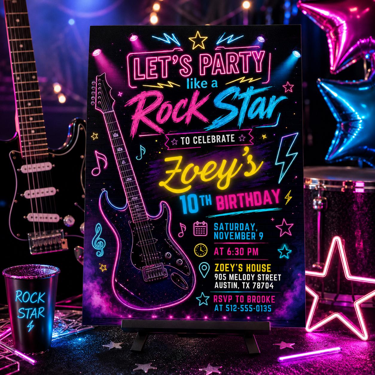 Neon Glow Rock Star Birthday Invitation, Editable Pink Rock And Roll Party Template, Tween Girl Punk Rock Band Music Birthday Invite, Canva __etsy:8012846294