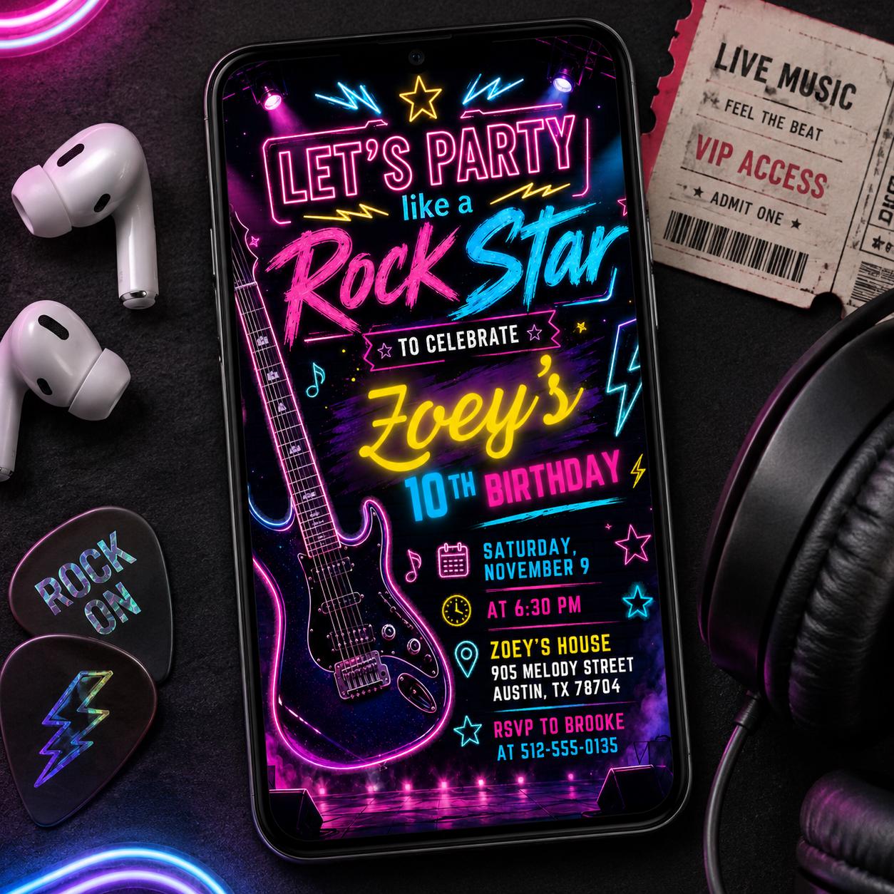 Neon Glow Rock Star Birthday Invitation, Editable Pink Rock And Roll Party Template, Tween Girl Punk Rock Band Music Birthday Invite, Canva __etsy:8012846332