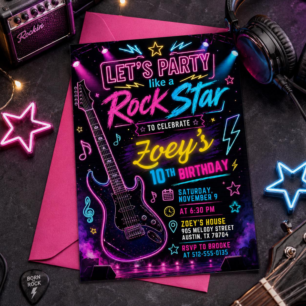 Neon Glow Rock Star Birthday Invitation, Editable Pink Rock And Roll Party Template, Tween Girl Punk Rock Band Music Birthday Invite, Canva __etsy:8012846492