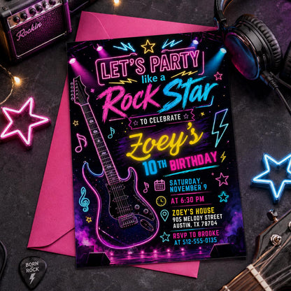 Neon Glow Rock Star Birthday Invitation, Editable Pink Rock And Roll Party Template, Tween Girl Punk Rock Band Music Birthday Invite, Canva __etsy:8012846492