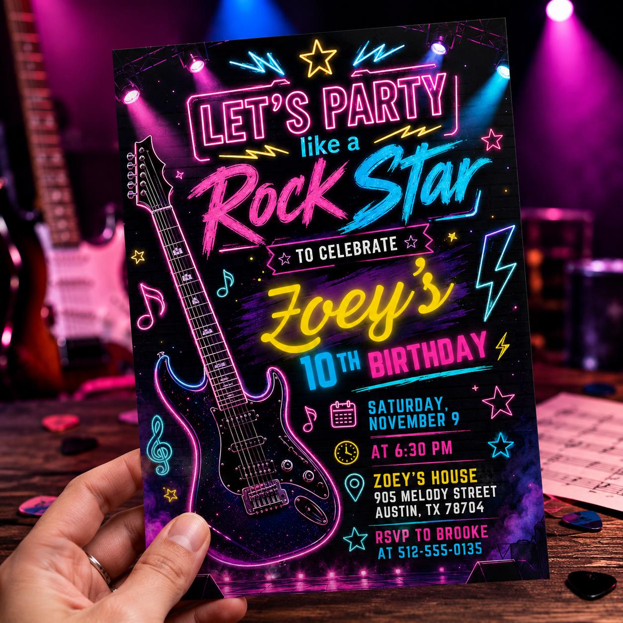 Neon Glow Rock Star Birthday Invitation, Editable Pink Rock And Roll Party Template, Tween Girl Punk Rock Band Music Birthday Invite, Canva __etsy:8060756373