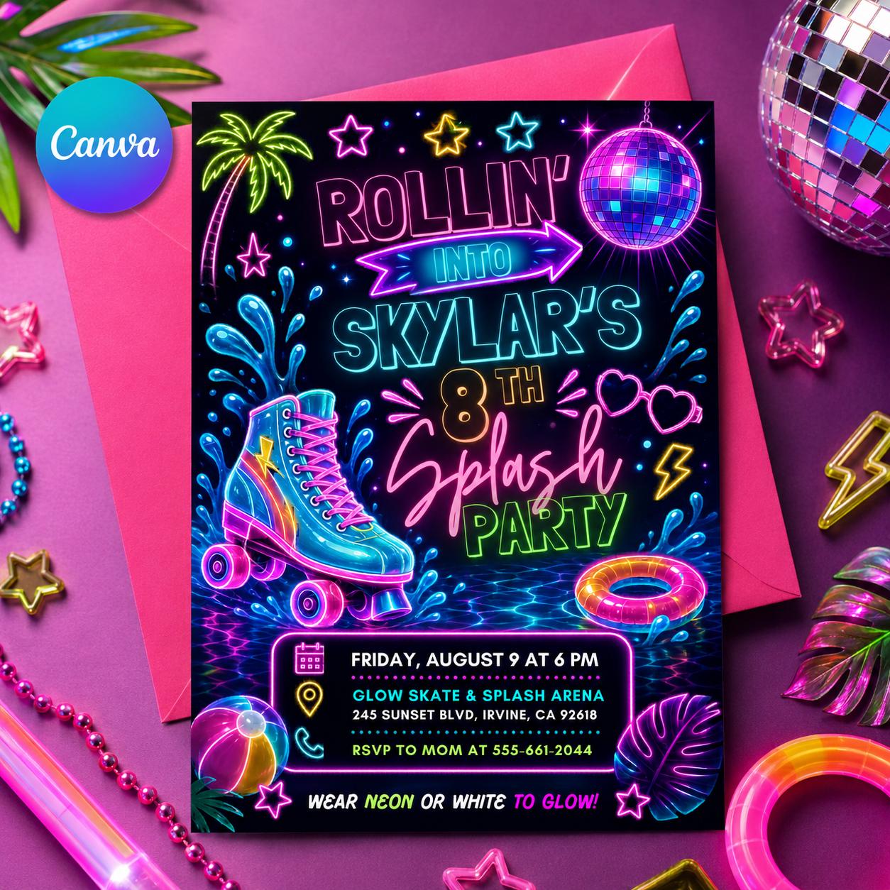 Neon Glow Skate Splash Party Invitation, Neon Pool Party Birthday Invitation, Summer Glow Swim Party, Roller Skate Birthday Invitation __etsy:8047048322