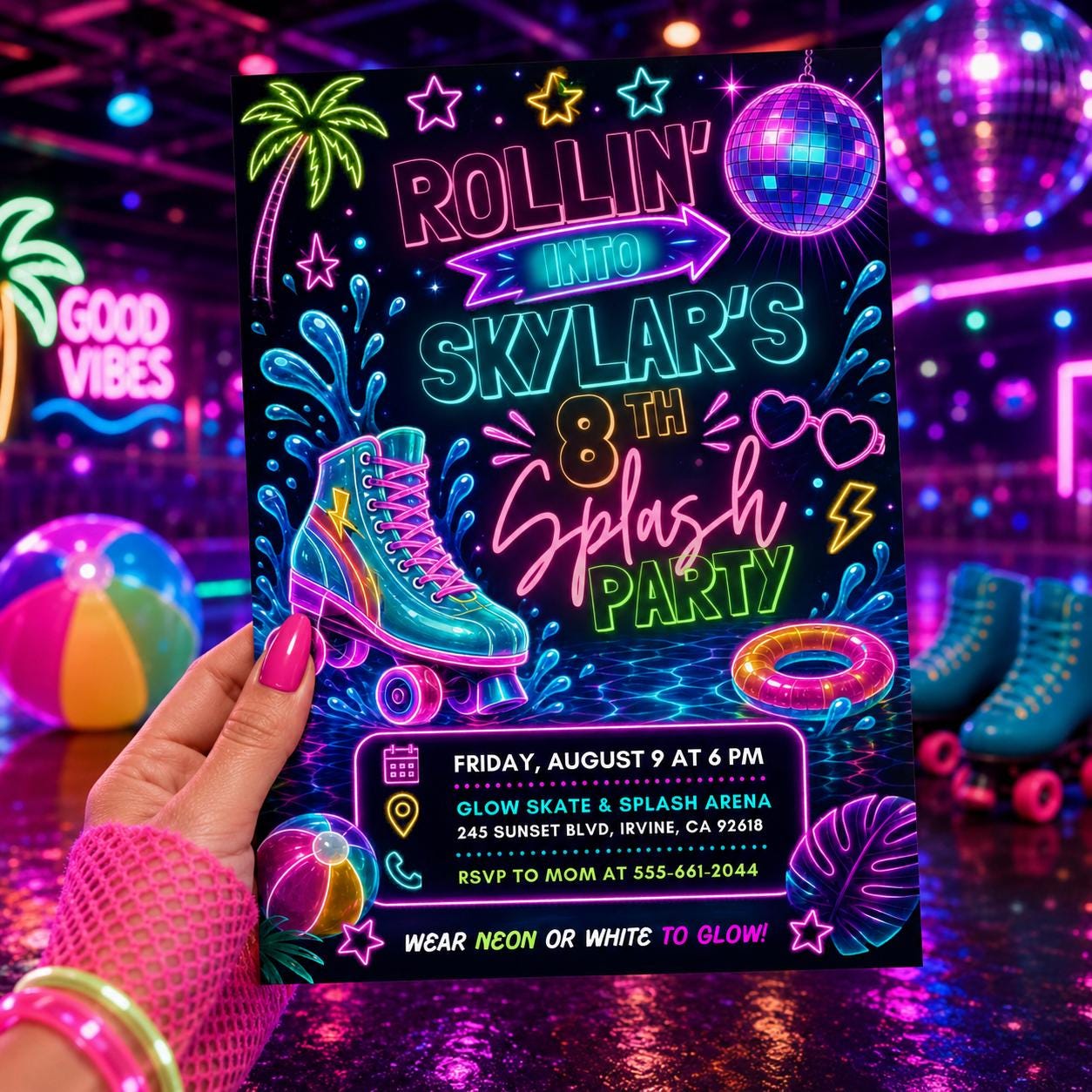 Neon Glow Skate Splash Party Invitation, Neon Pool Party Birthday Invitation, Summer Glow Swim Party, Roller Skate Birthday Invitation __etsy:8047047994