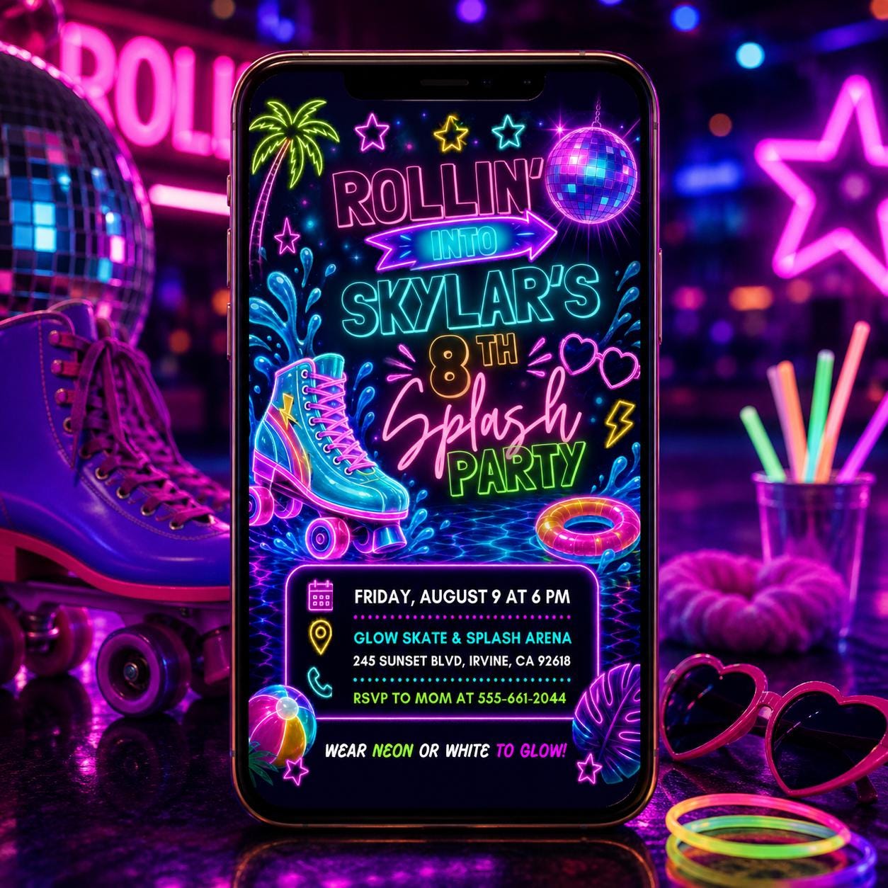 Neon Glow Skate Splash Party Invitation, Neon Pool Party Birthday Invitation, Summer Glow Swim Party, Roller Skate Birthday Invitation __etsy:8047047976