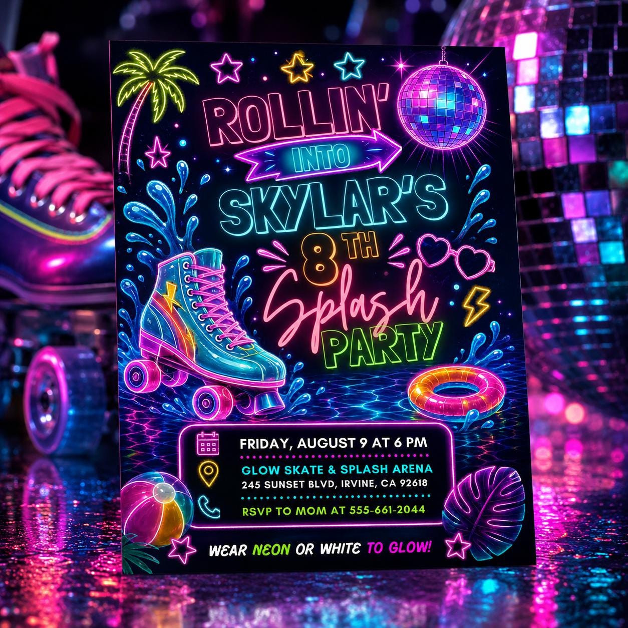 Neon Glow Skate Splash Party Invitation, Neon Pool Party Birthday Invitation, Summer Glow Swim Party, Roller Skate Birthday Invitation __etsy:8047048036
