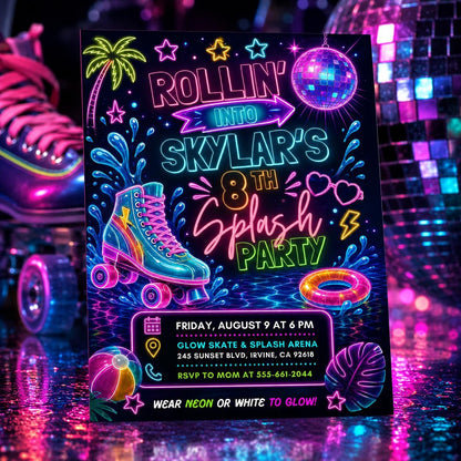 Neon Glow Skate Splash Party Invitation, Neon Pool Party Birthday Invitation, Summer Glow Swim Party, Roller Skate Birthday Invitation __etsy:8047048036