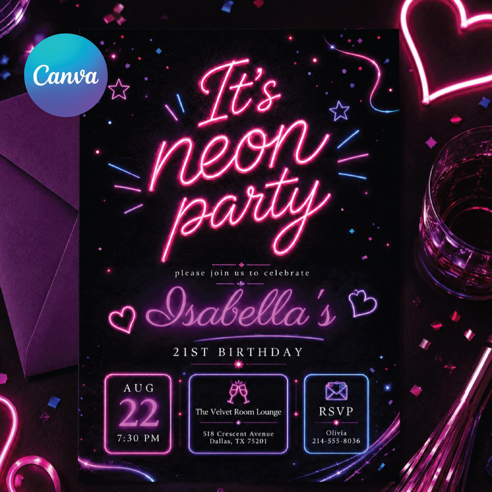Neon Party Invitation, Confetti Party Invitation, It's Party Time, Colorful Invitation, Kids Invitation Template, Neon Party, Canva Template __etsy:8074129959