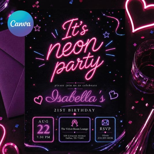 Neon Party Invitation, Confetti Party Invitation, It's Party Time, Colorful Invitation, Kids Invitation Template, Neon Party, Canva Template __etsy:8074129959