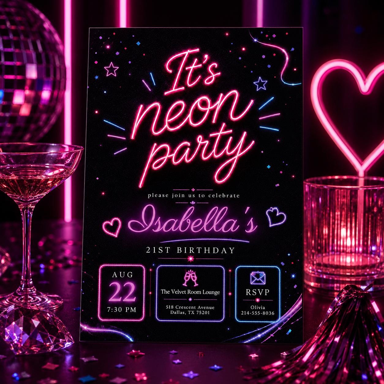 Neon Party Invitation, Confetti Party Invitation, It's Party Time, Colorful Invitation, Kids Invitation Template, Neon Party, Canva Template __etsy:8074128903