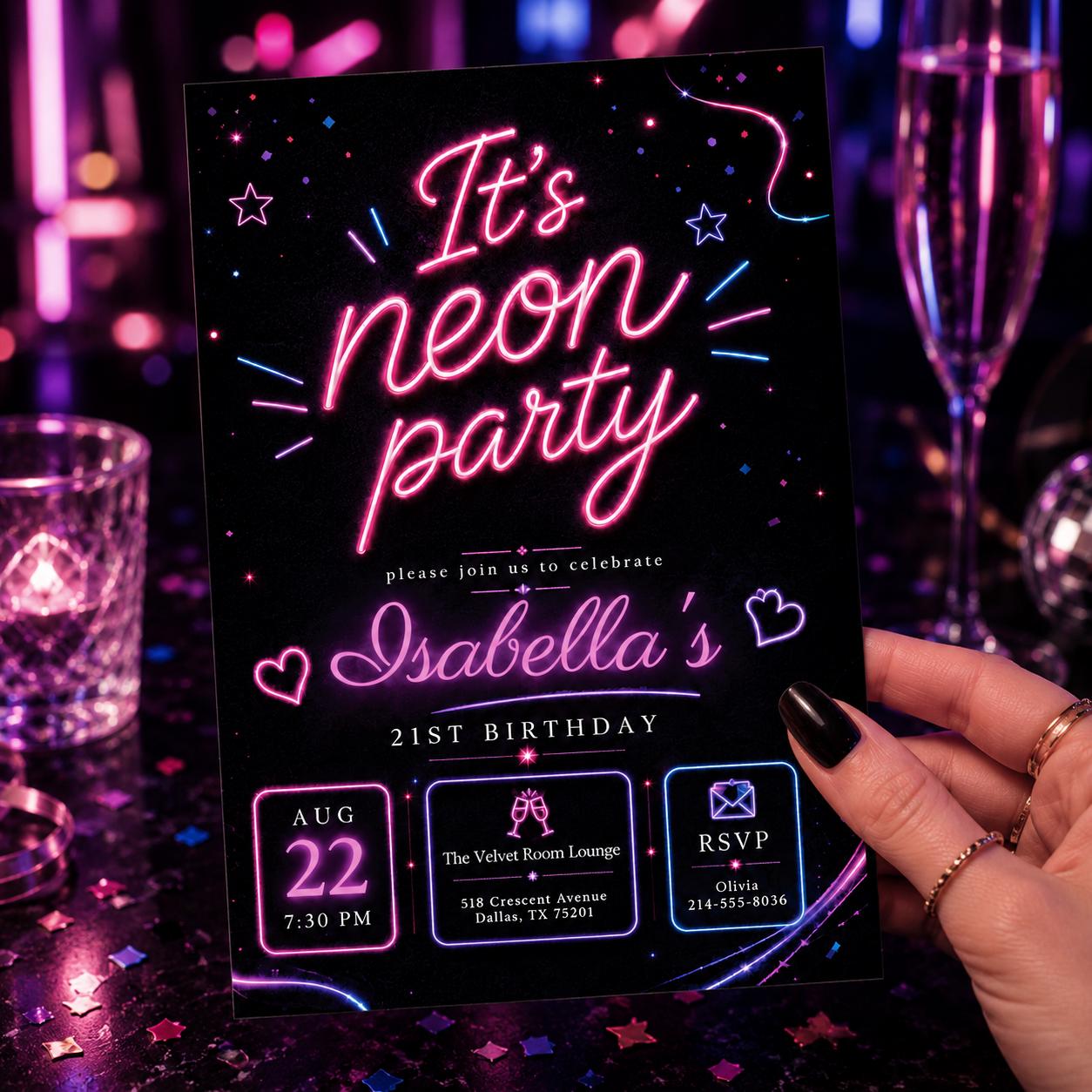 Neon Party Invitation, Confetti Party Invitation, It's Party Time, Colorful Invitation, Kids Invitation Template, Neon Party, Canva Template __etsy:8074128947