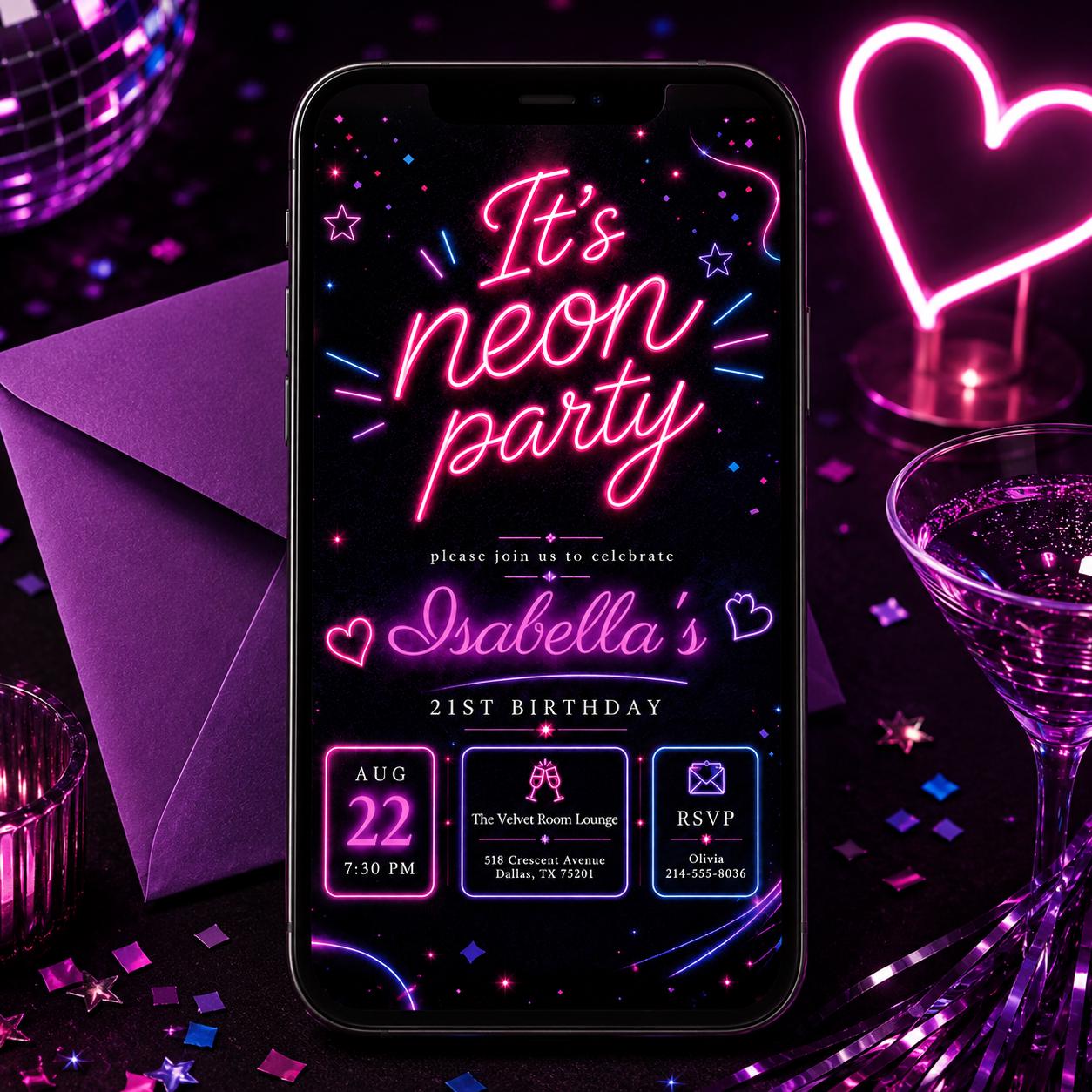 Neon Party Invitation, Confetti Party Invitation, It's Party Time, Colorful Invitation, Kids Invitation Template, Neon Party, Canva Template __etsy:8026216344