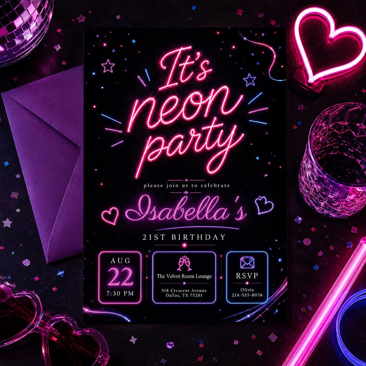 Neon Party Invitation, Confetti Party Invitation, It's Party Time, Colorful Invitation, Kids Invitation Template, Neon Party, Canva Template __etsy:8074128959