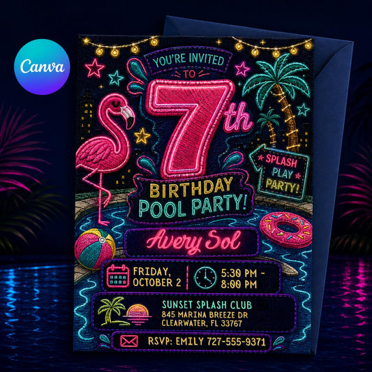 Neon Pool Party Invitation, 7th Birthday Flamingo Splash Party Invite, Editable Printable Canva Template __etsy:8173842506