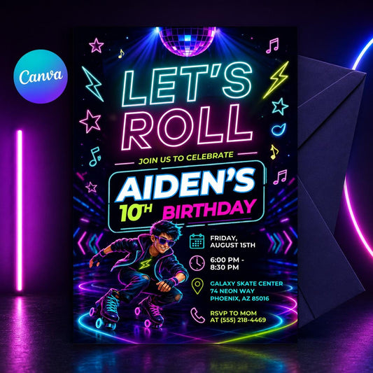Neon Roller Skate  Invitation, Let's Roll Party Invite, Roller Skate invite, Retro Rollerskate Invite, Skate Rink Party, Canva Template __etsy:8105239661