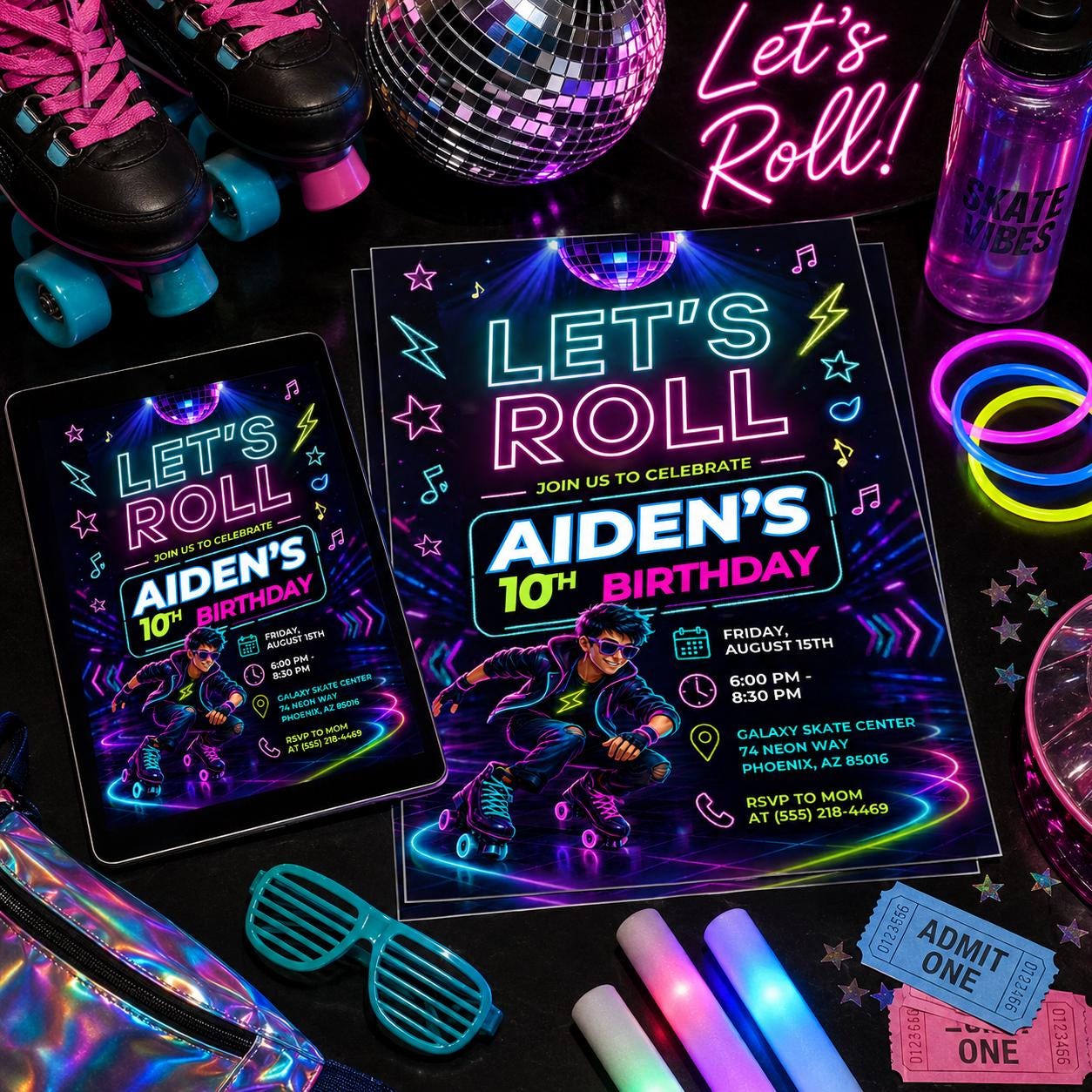 Neon Roller Skate  Invitation, Let's Roll Party Invite, Roller Skate invite, Retro Rollerskate Invite, Skate Rink Party, Canva Template __etsy:8105239801