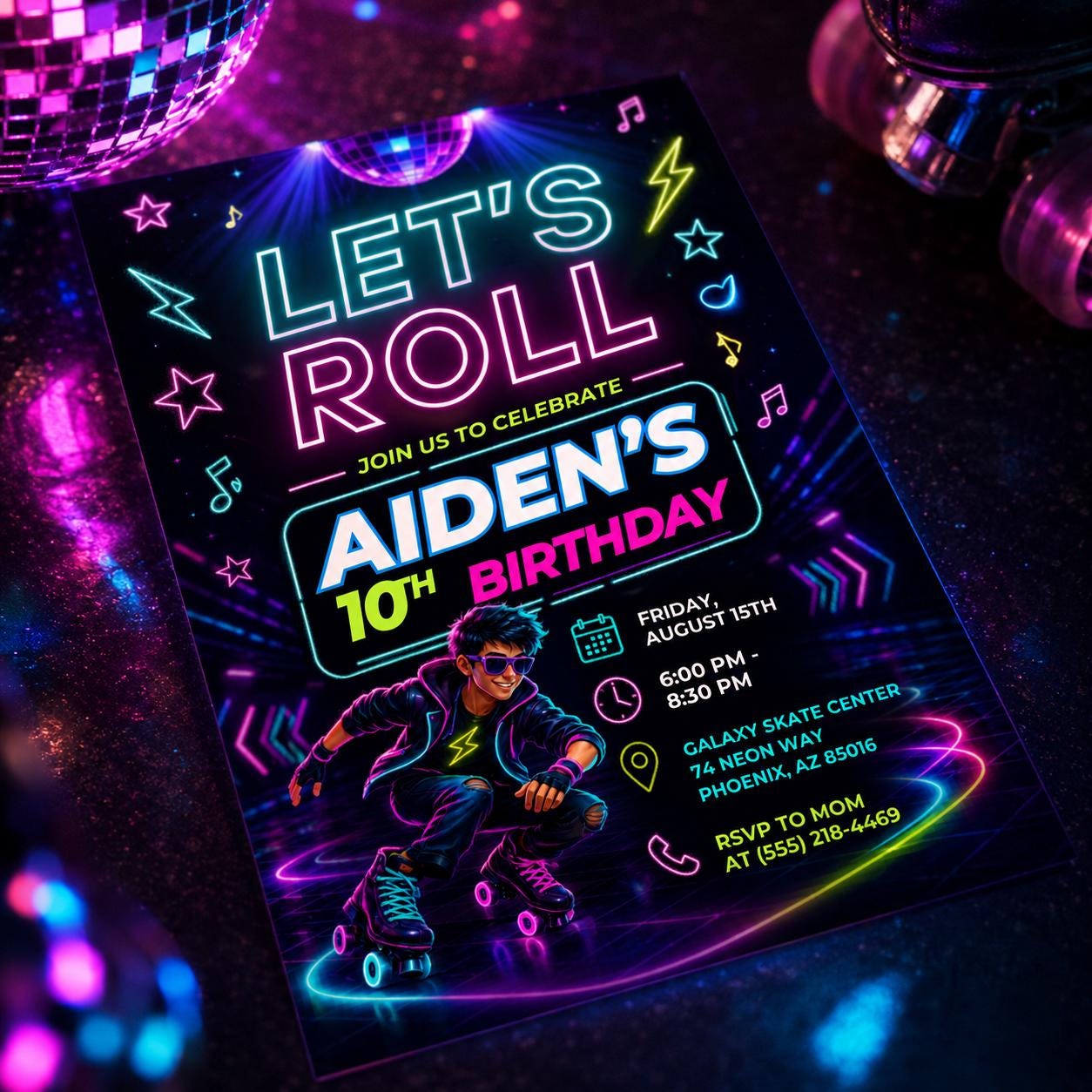Neon Roller Skate  Invitation, Let's Roll Party Invite, Roller Skate invite, Retro Rollerskate Invite, Skate Rink Party, Canva Template __etsy:8105239775