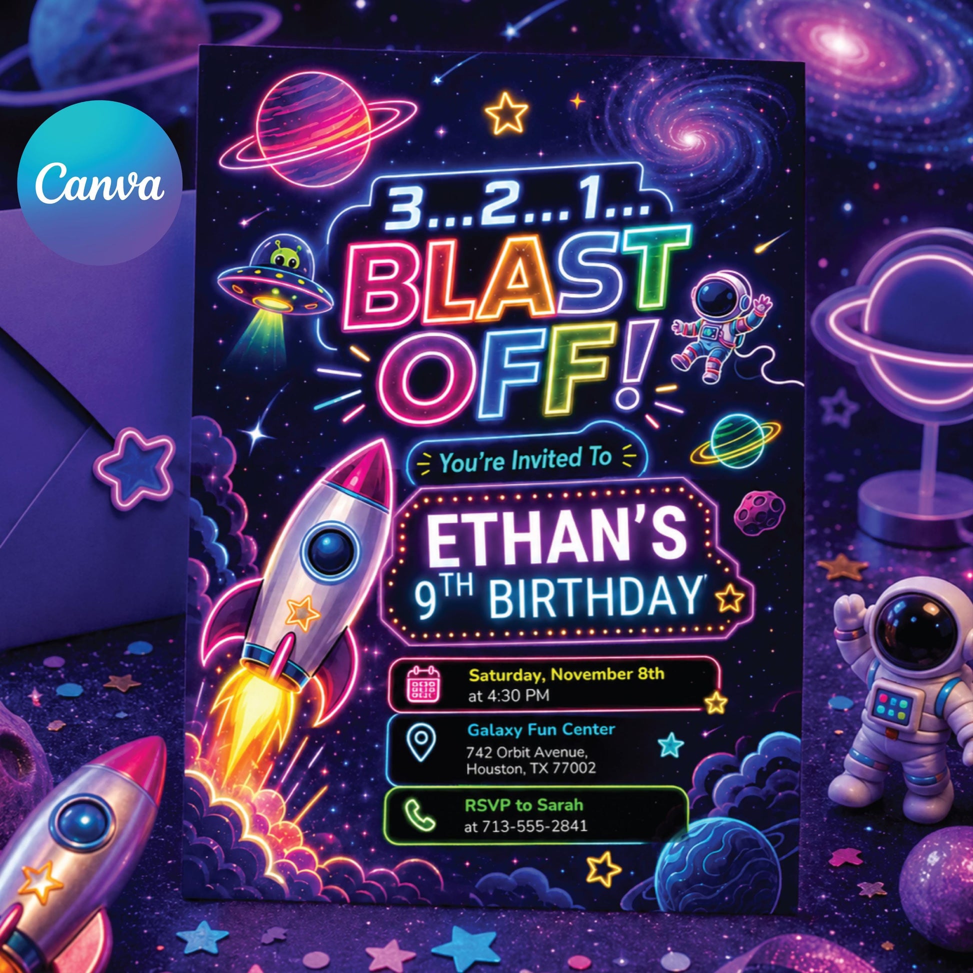 Neon Space Birthday Party Invitation, Galaxy Party Invitation, Astronaut Outer Space Birthday Invite, Space Rocket Planets, Blast Off, Canva __etsy:8072222921