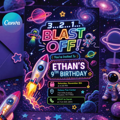 Neon Space Birthday Party Invitation, Galaxy Party Invitation, Astronaut Outer Space Birthday Invite, Space Rocket Planets, Blast Off, Canva __etsy:8072222921
