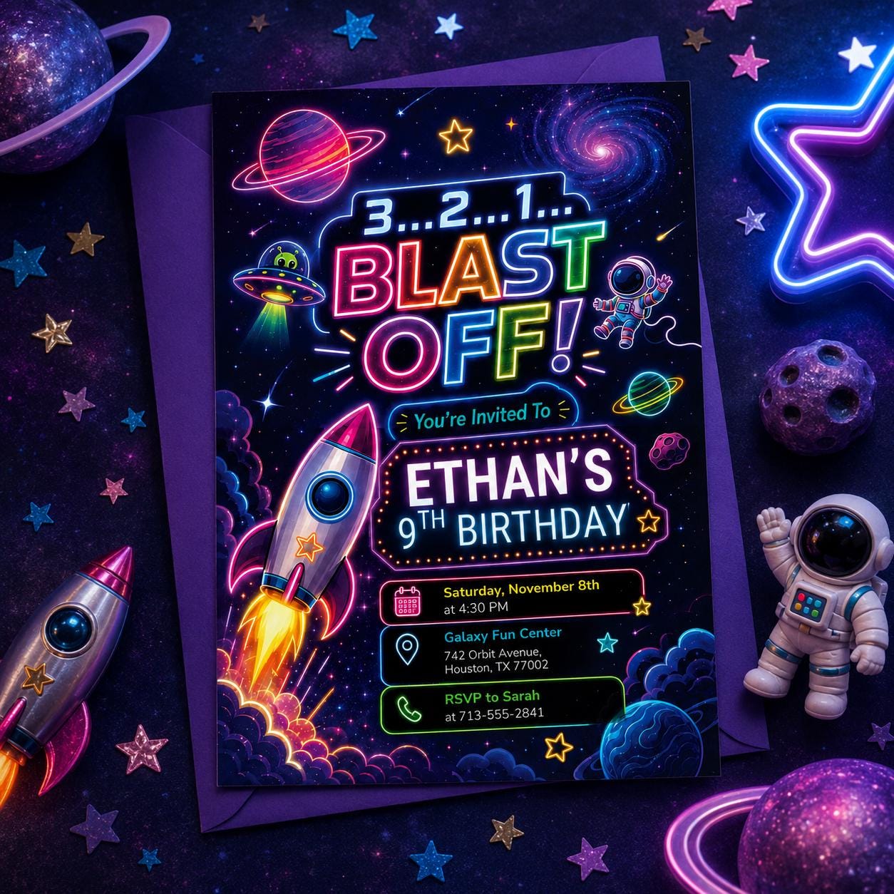 Neon Space Birthday Party Invitation, Galaxy Party Invitation, Astronaut Outer Space Birthday Invite, Space Rocket Planets, Blast Off, Canva __etsy:8024310188