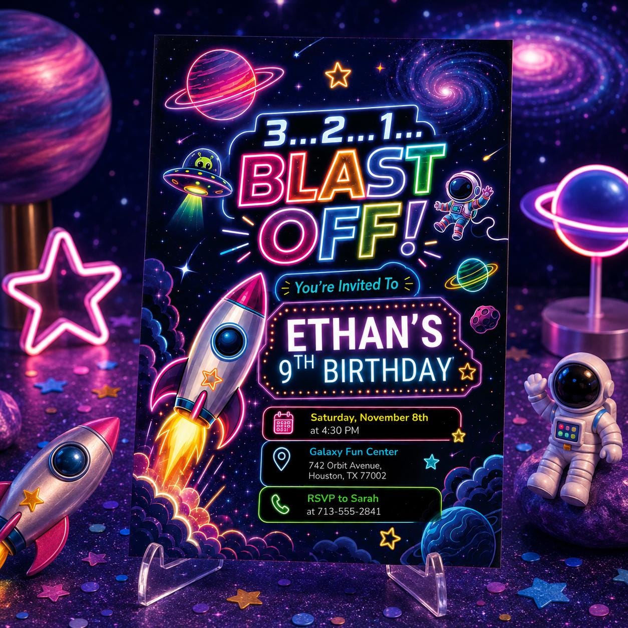 Neon Space Birthday Party Invitation, Galaxy Party Invitation, Astronaut Outer Space Birthday Invite, Space Rocket Planets, Blast Off, Canva __etsy:8072220393