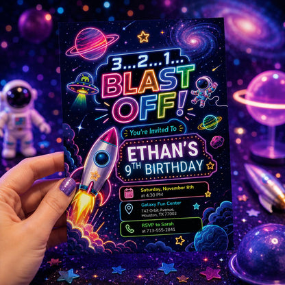 Neon Space Birthday Party Invitation, Galaxy Party Invitation, Astronaut Outer Space Birthday Invite, Space Rocket Planets, Blast Off, Canva __etsy:8072220391