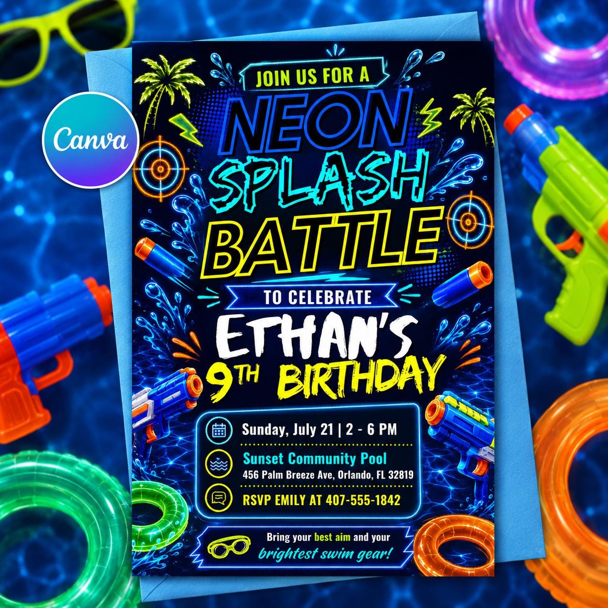 Neon Splash Battle Birthday Invitation , Neon Birthday Invite, Glow Splash Party, Summer Night Pool Party, Canva Template __etsy:8094197741