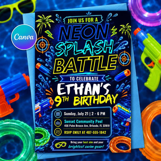 Neon Splash Battle Birthday Invitation , Neon Birthday Invite, Glow Splash Party, Summer Night Pool Party, Canva Template __etsy:8094197741