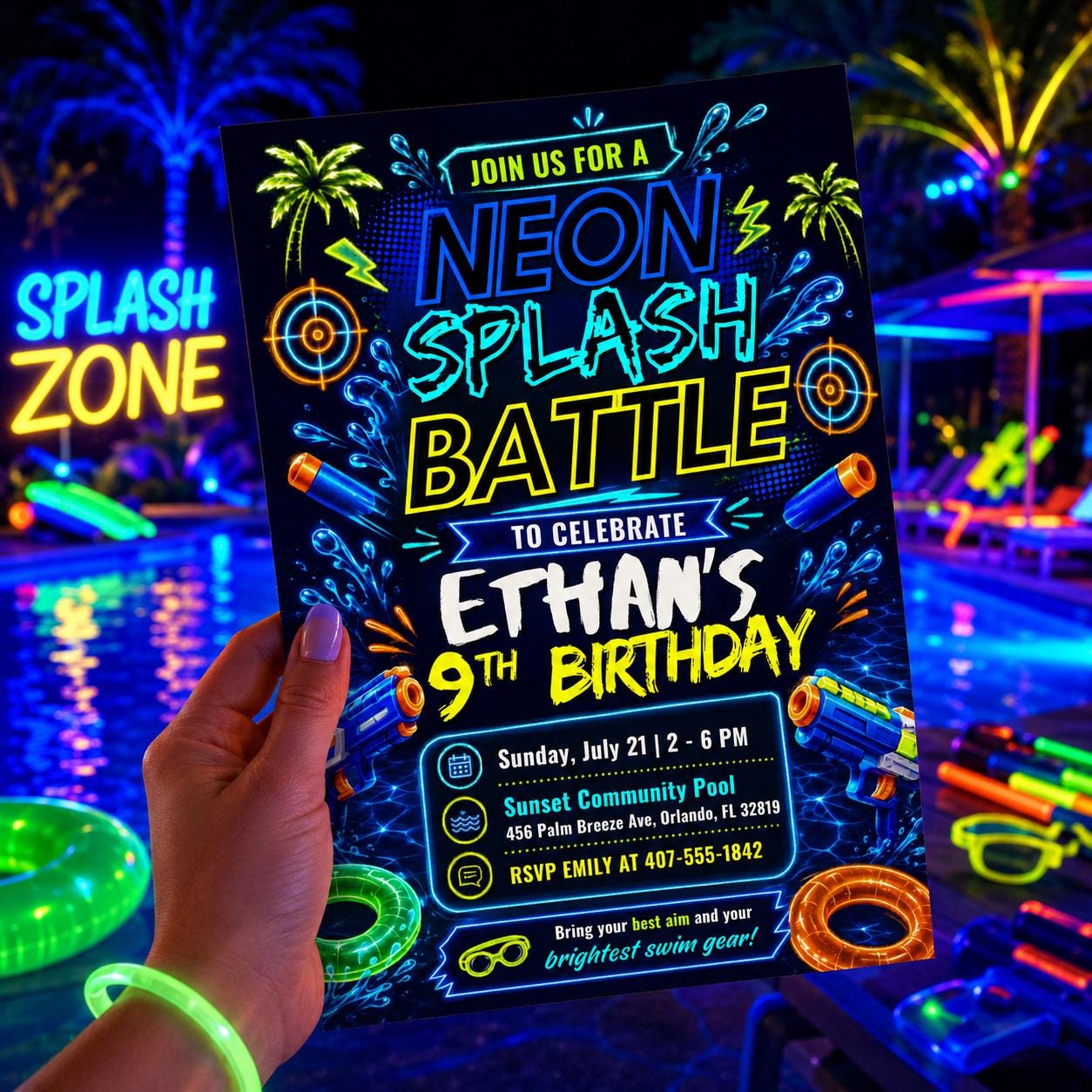 Neon Splash Battle Birthday Invitation , Neon Birthday Invite, Glow Splash Party, Summer Night Pool Party, Canva Template __etsy:8046286730