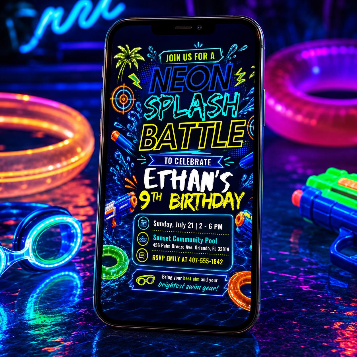 Neon Splash Battle Birthday Invitation , Neon Birthday Invite, Glow Splash Party, Summer Night Pool Party, Canva Template __etsy:8094197745