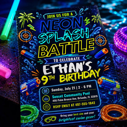 Neon Splash Battle Birthday Invitation , Neon Birthday Invite, Glow Splash Party, Summer Night Pool Party, Canva Template __etsy:8094197753