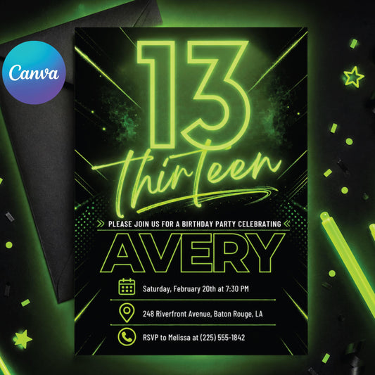 Neon 13th Birthday Invitation, Editable Green Party Invite, Neon Light Brick Wall Boy Birthday Invitation, Teenager Boy Birthday Invites __etsy:8071383599