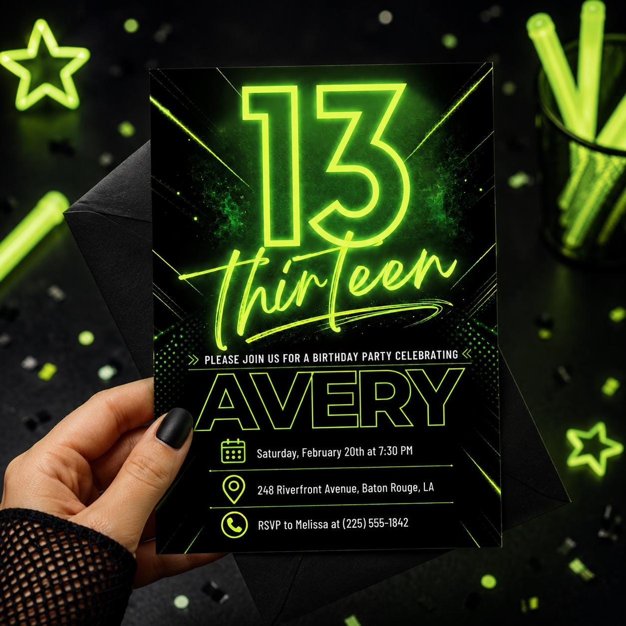 Neon 13th Birthday Invitation, Editable Green Party Invite, Neon Light Brick Wall Boy Birthday Invitation, Teenager Boy Birthday Invites __etsy:8023470412
