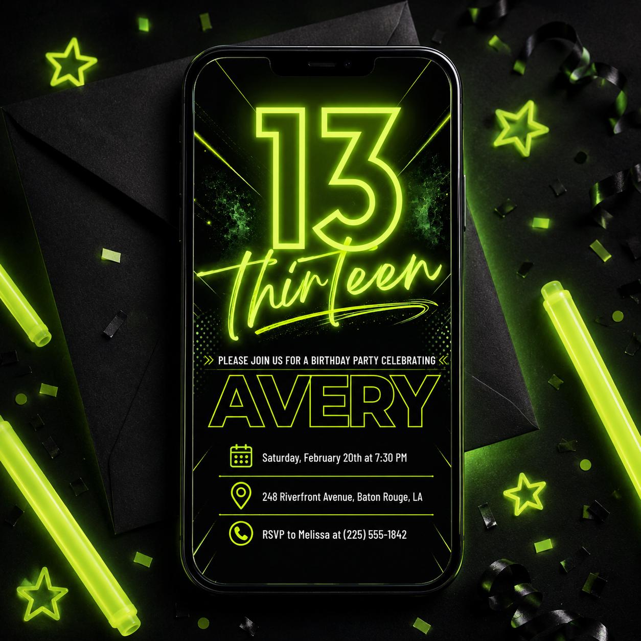 Neon 13th Birthday Invitation, Editable Green Party Invite, Neon Light Brick Wall Boy Birthday Invitation, Teenager Boy Birthday Invites __etsy:8023470422