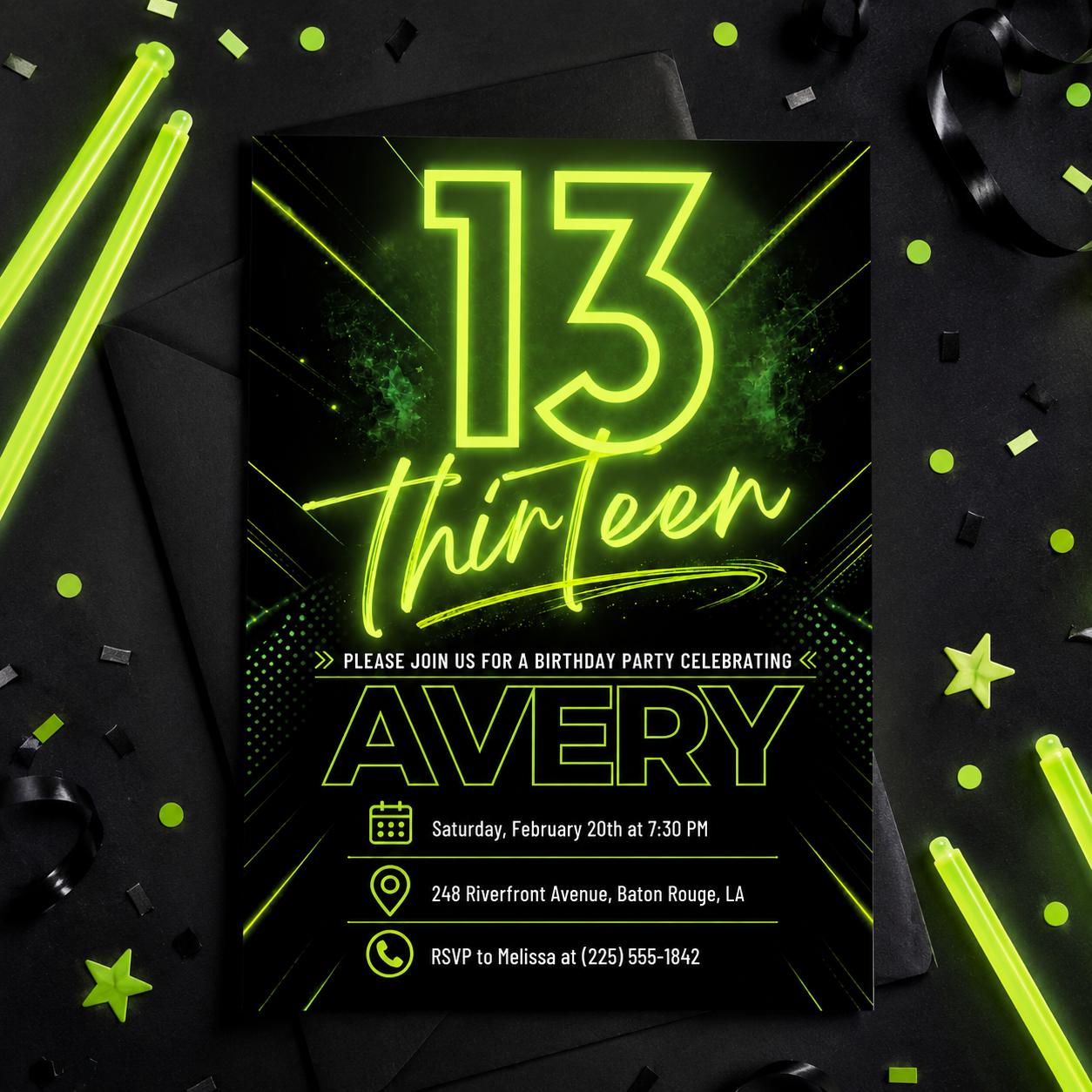 Neon 13th Birthday Invitation, Editable Green Party Invite, Neon Light Brick Wall Boy Birthday Invitation, Teenager Boy Birthday Invites __etsy:8023470424