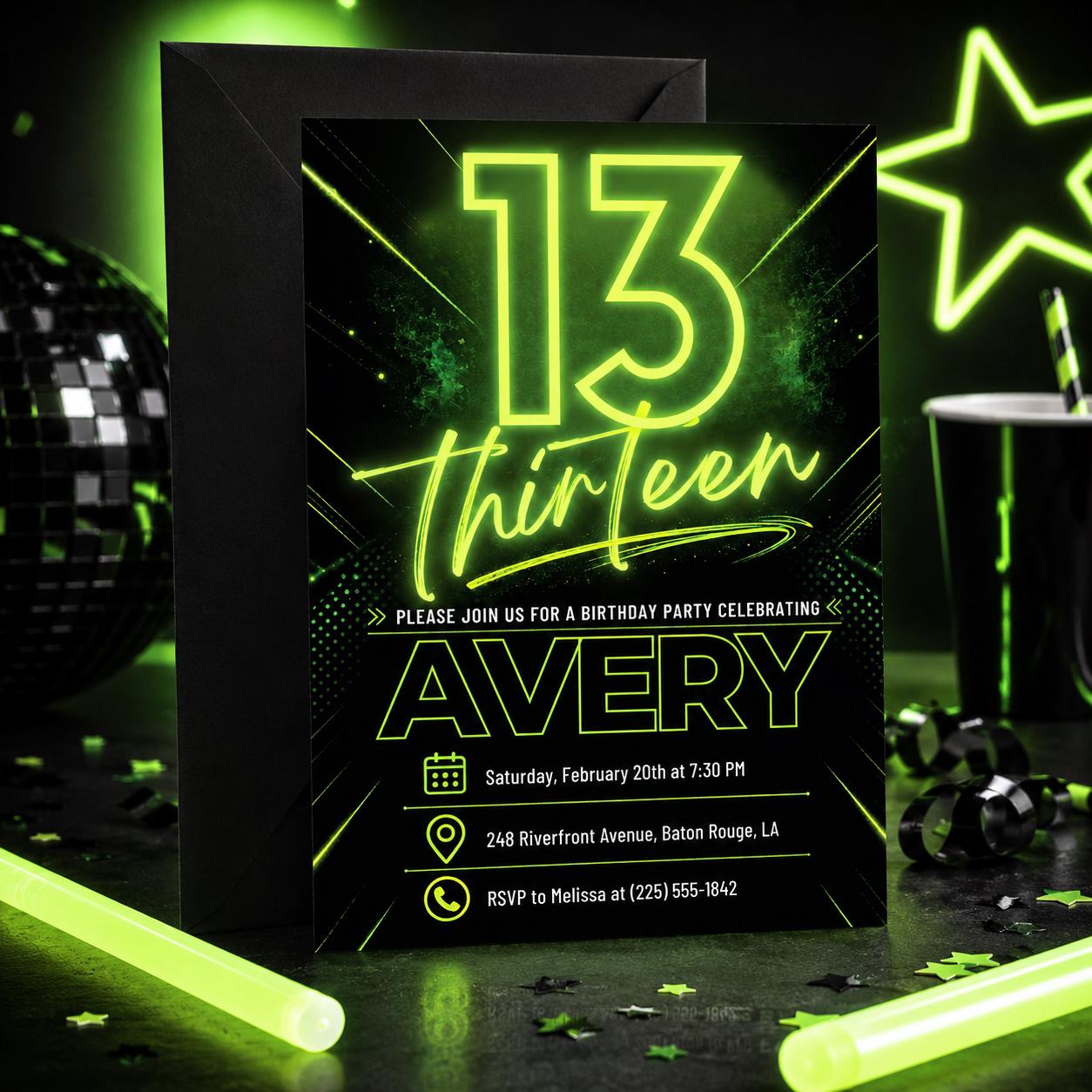 Neon 13th Birthday Invitation, Editable Green Party Invite, Neon Light Brick Wall Boy Birthday Invitation, Teenager Boy Birthday Invites __etsy:8023470426