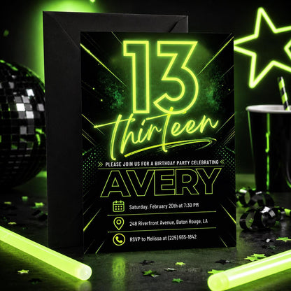 Neon 13th Birthday Invitation, Editable Green Party Invite, Neon Light Brick Wall Boy Birthday Invitation, Teenager Boy Birthday Invites __etsy:8023470426