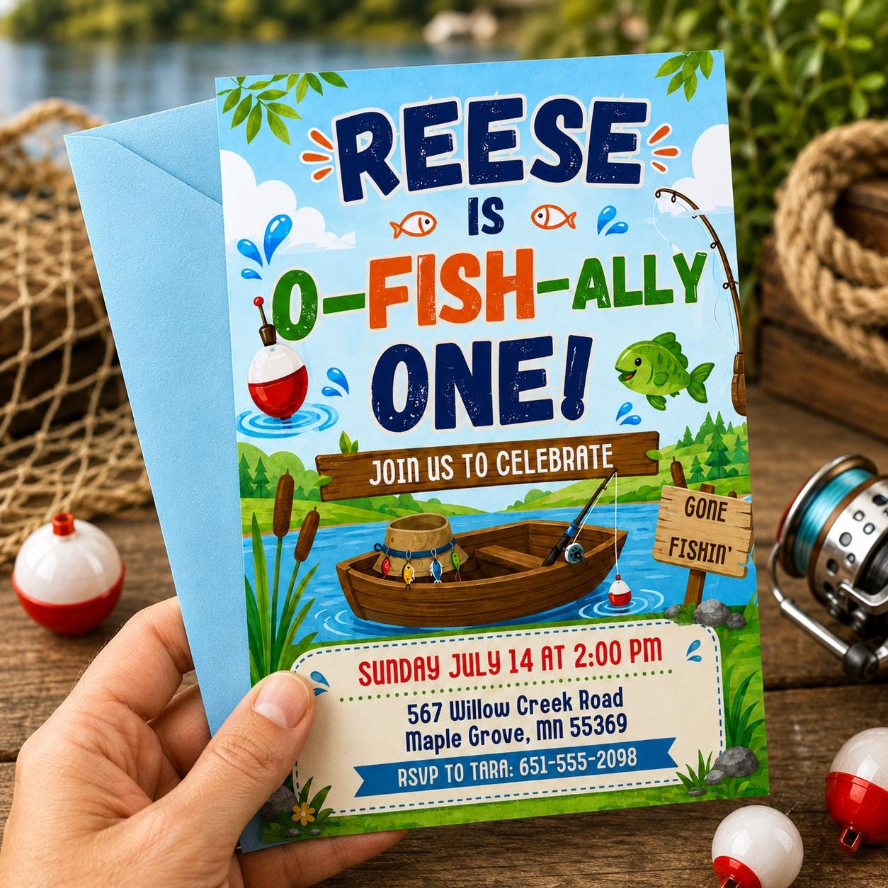 Ofishally Four Invitation, Fishing Birthday Invitation, Fish 4th Birthday Invite, The Big One Invitation, Fish Ally Invite, canva template __etsy:8030874604