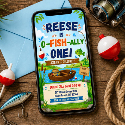 Ofishally Four Invitation, Fishing Birthday Invitation, Fish 4th Birthday Invite, The Big One Invitation, Fish Ally Invite, canva template __etsy:8078784375