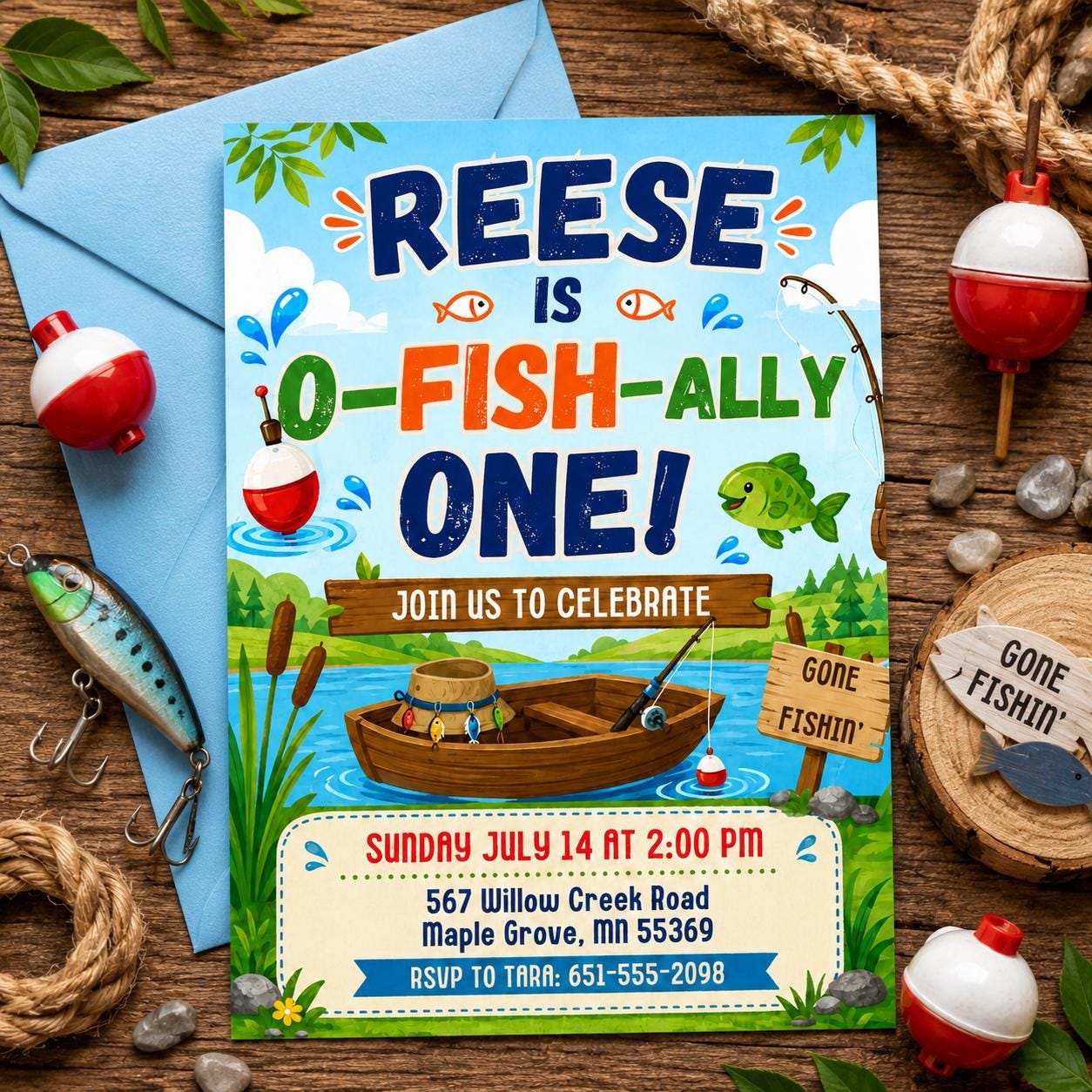 Ofishally Four Invitation, Fishing Birthday Invitation, Fish 4th Birthday Invite, The Big One Invitation, Fish Ally Invite, canva template __etsy:8030874920