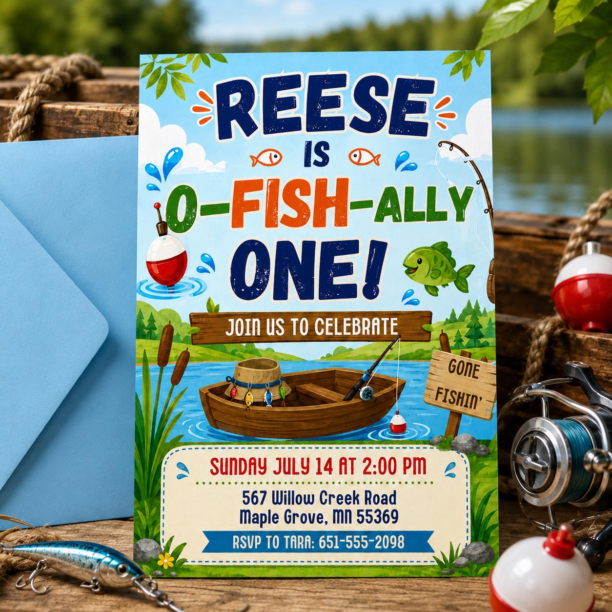 Ofishally Four Invitation, Fishing Birthday Invitation, Fish 4th Birthday Invite, The Big One Invitation, Fish Ally Invite, canva template __etsy:8030874876
