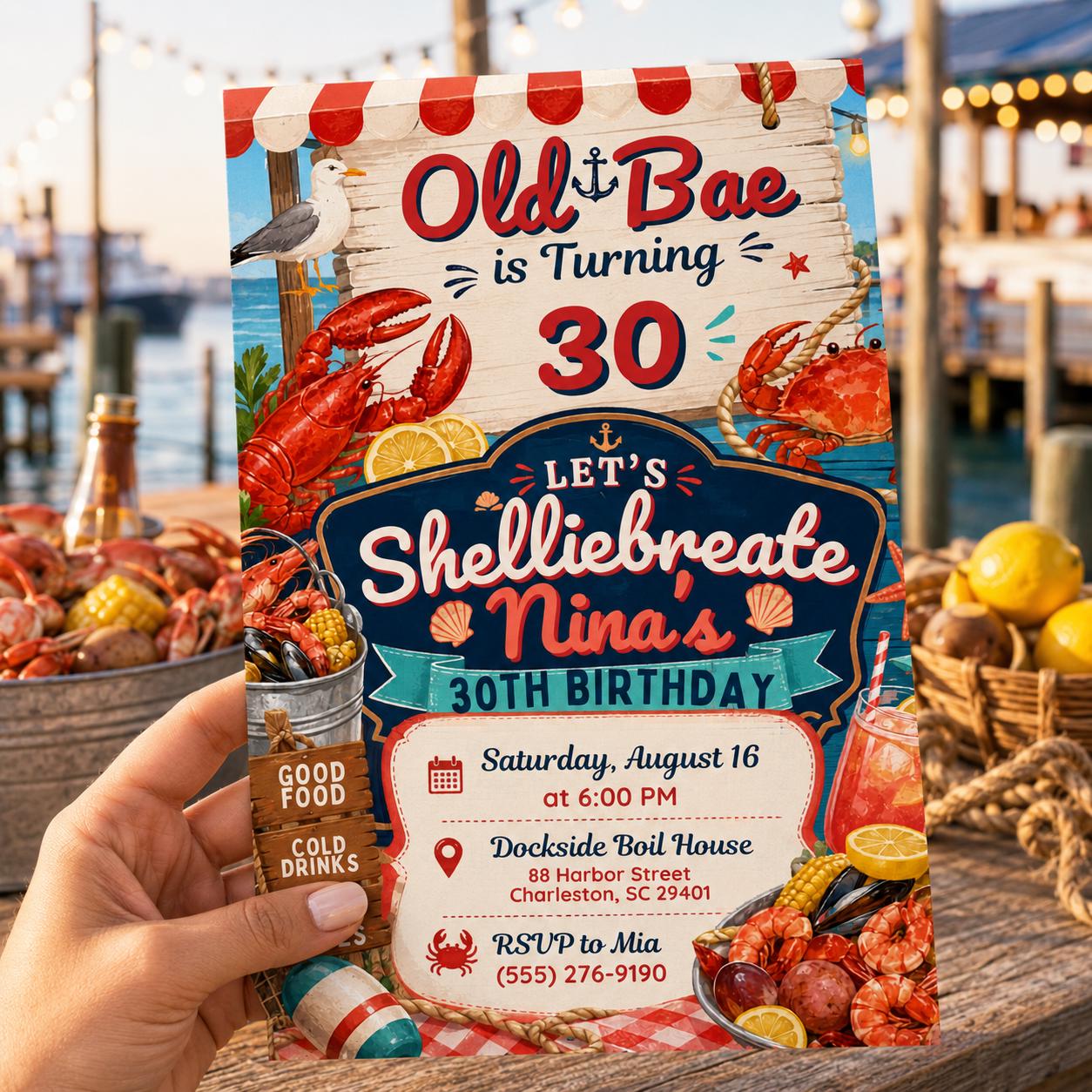 Old Bae 30th Birthday Seafood Boil Party Invite, Nautical Crawfish Birthday, Coastal Grandmother Invite, Lobster Seafood Birthday, Canva __etsy:8097485981