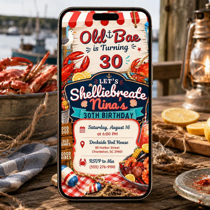Old Bae 30th Birthday Seafood Boil Party Invite, Nautical Crawfish Birthday, Coastal Grandmother Invite, Lobster Seafood Birthday, Canva __etsy:8097485999