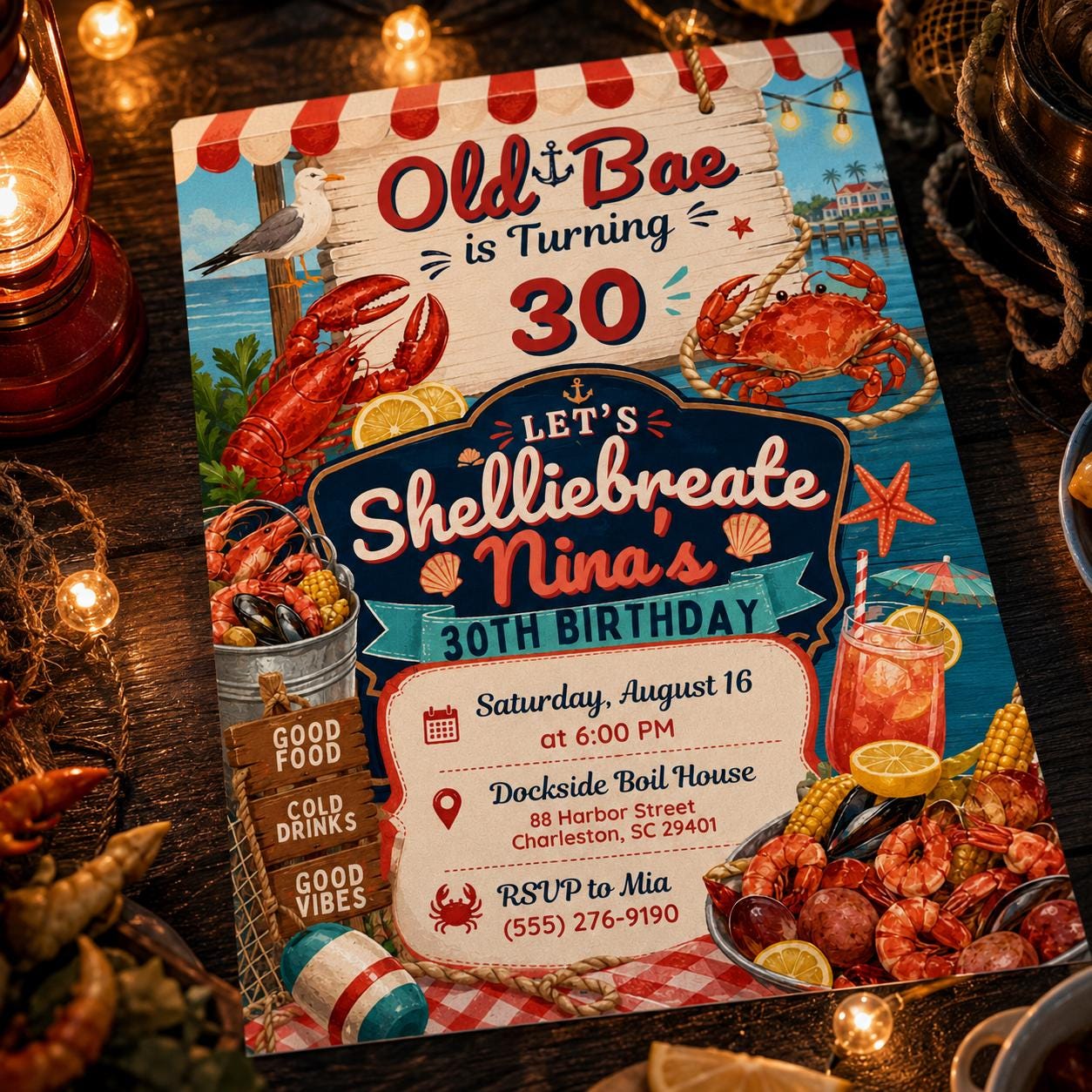 Old Bae 30th Birthday Seafood Boil Party Invite, Nautical Crawfish Birthday, Coastal Grandmother Invite, Lobster Seafood Birthday, Canva __etsy:8097486007