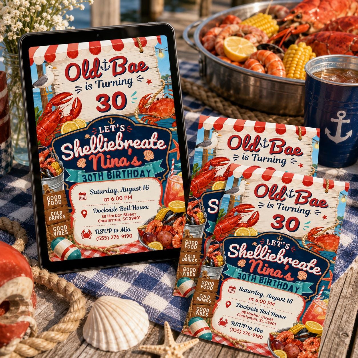 Old Bae 30th Birthday Seafood Boil Party Invite, Nautical Crawfish Birthday, Coastal Grandmother Invite, Lobster Seafood Birthday, Canva __etsy:8097486009